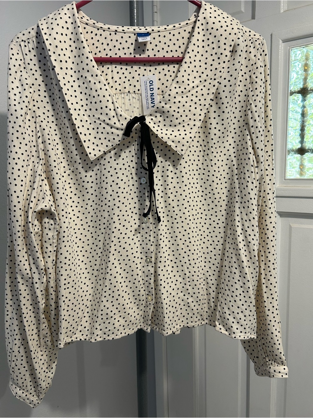 Old Navy Cream Blouse with Black Polka Dots and Tie